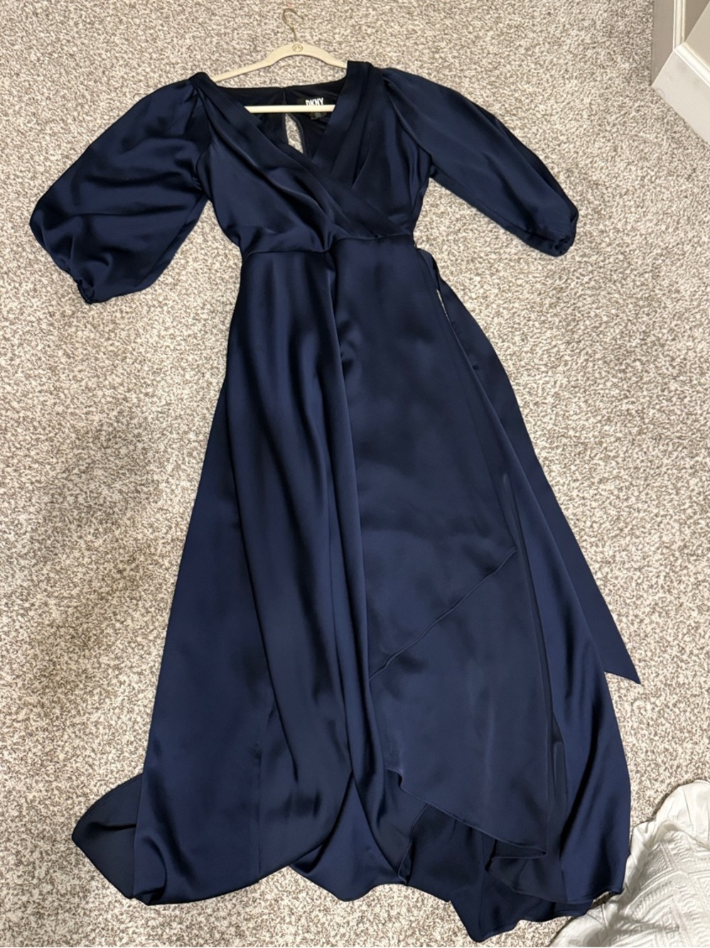 DKNY Navy Satin Wrap Maxi with Statement Balloon Sleeves